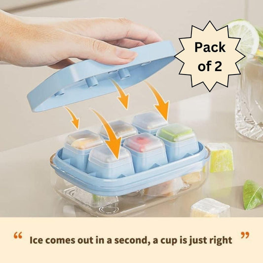 Small POP-UP Ice Cube Tray with Flexible Silicon Bottom and Lid (Pack of 2)
